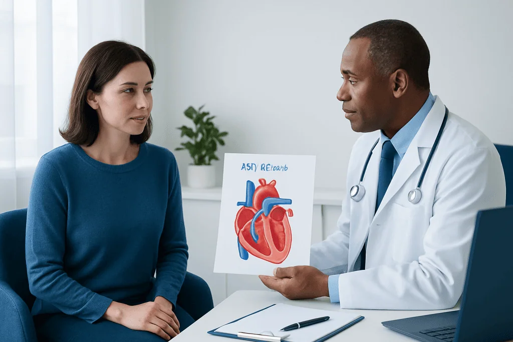 Doctor explaining atrial septal defect to patient with heart diagram.
