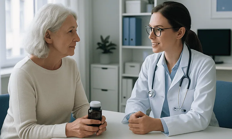 Doctor consulting elderly woman about medication in a medical office.