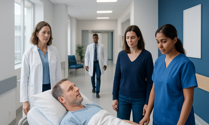 Medical team consulting with patient in hospital room.