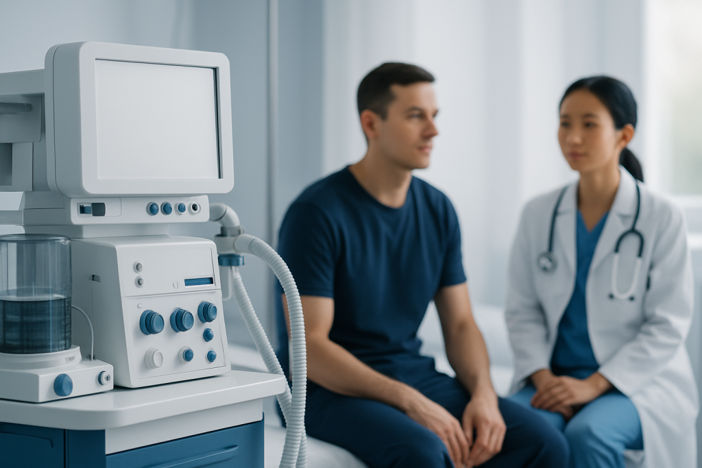 Doctor consulting patient in a medical examination room with medical equipment nearby.