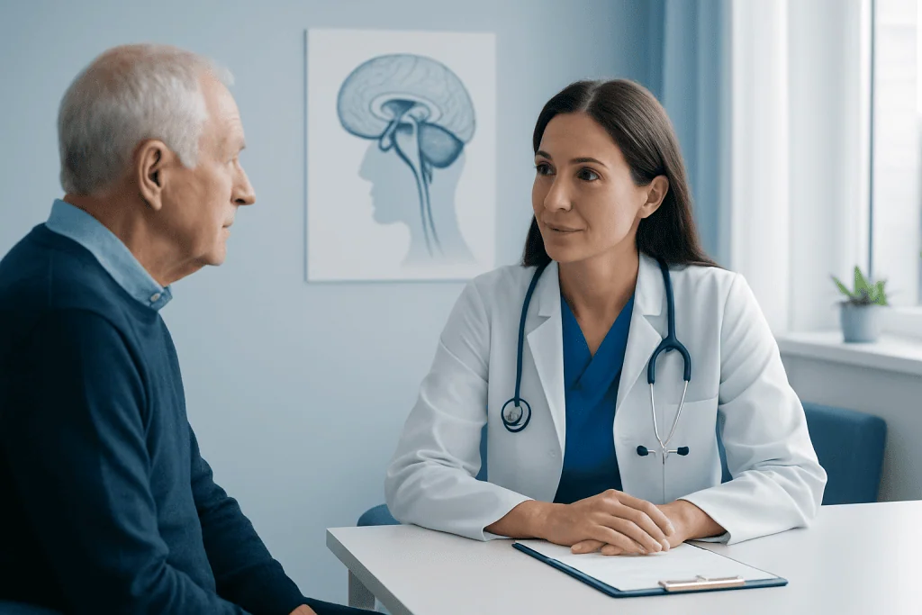 Doctor consulting with an elderly male patient in a medical office.