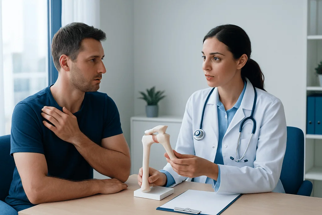 Doctor explaining shoulder anatomy to patient in consultation room.