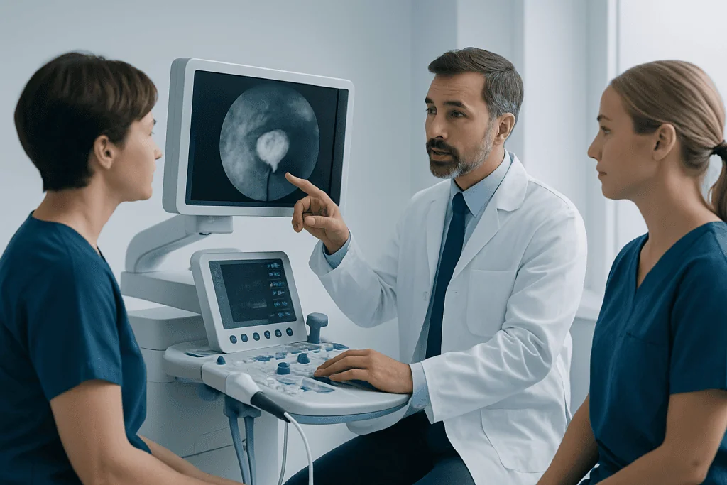 Doctor explaining bladder ultrasound to two nurses in a medical clinic.