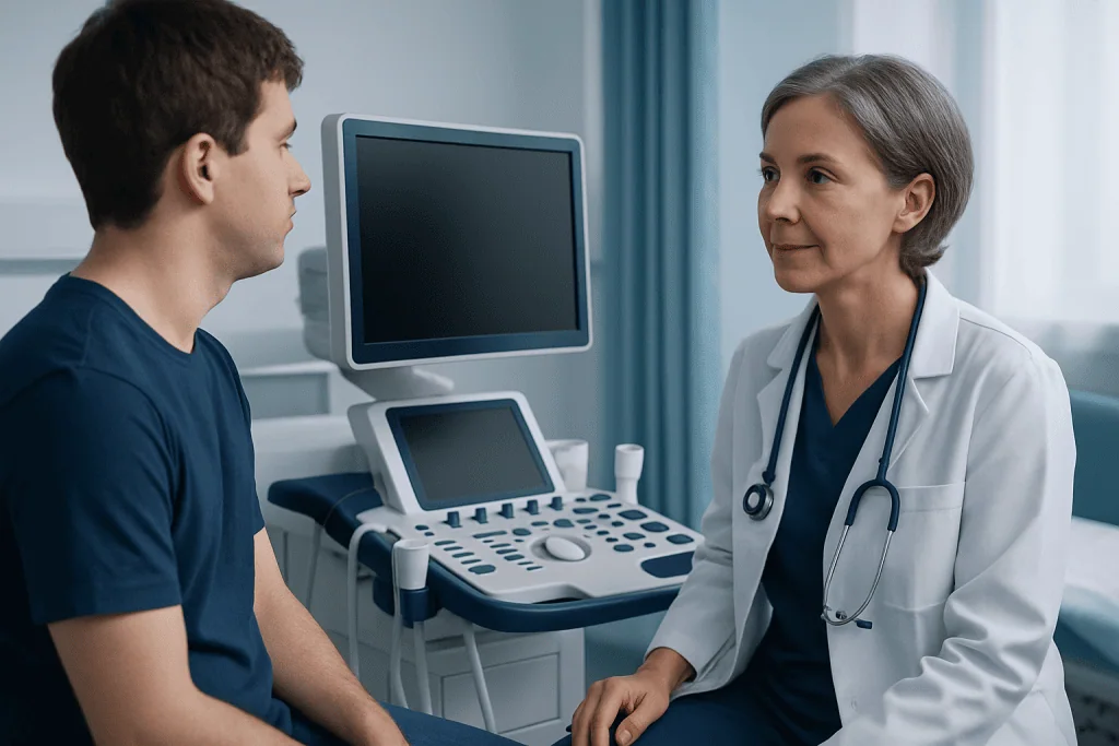 Doctor consulting with a patient in a medical examination room.