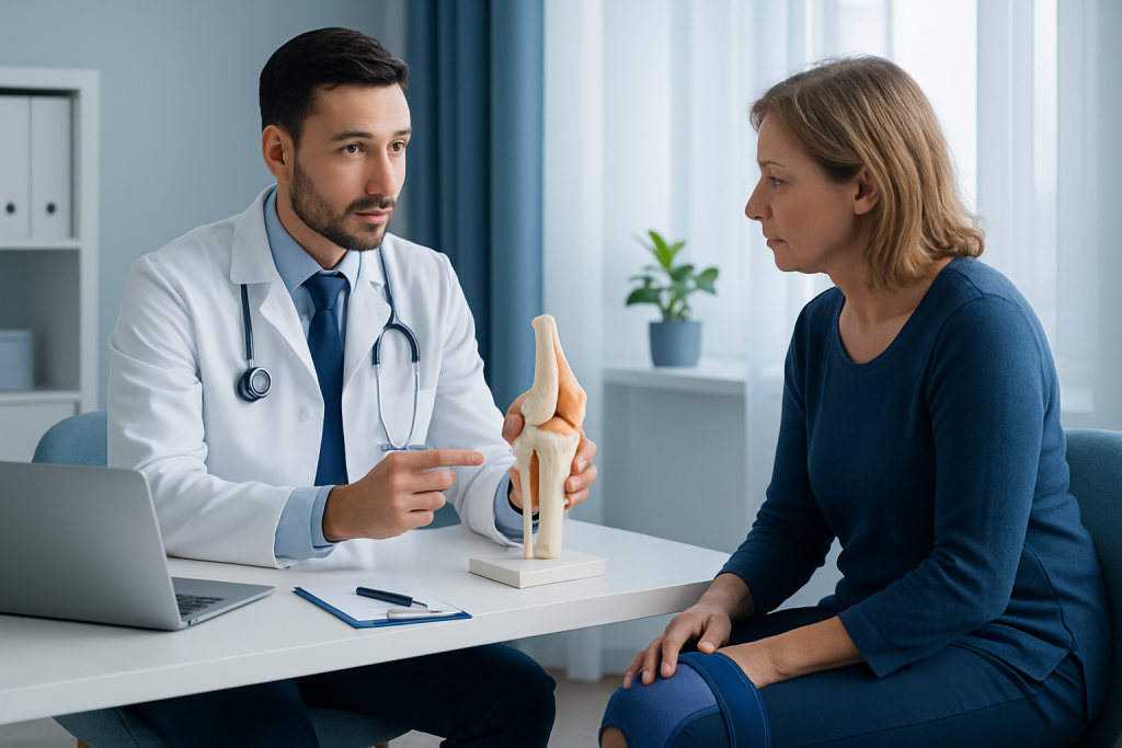 Orthopedic doctor explaining knee fracture treatment to patient with knee model.
