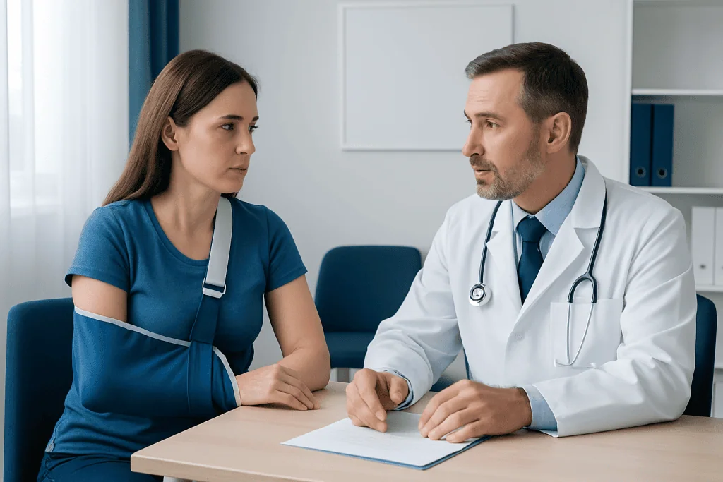 Doctor consulting with a patient about elbow injury treatment options.