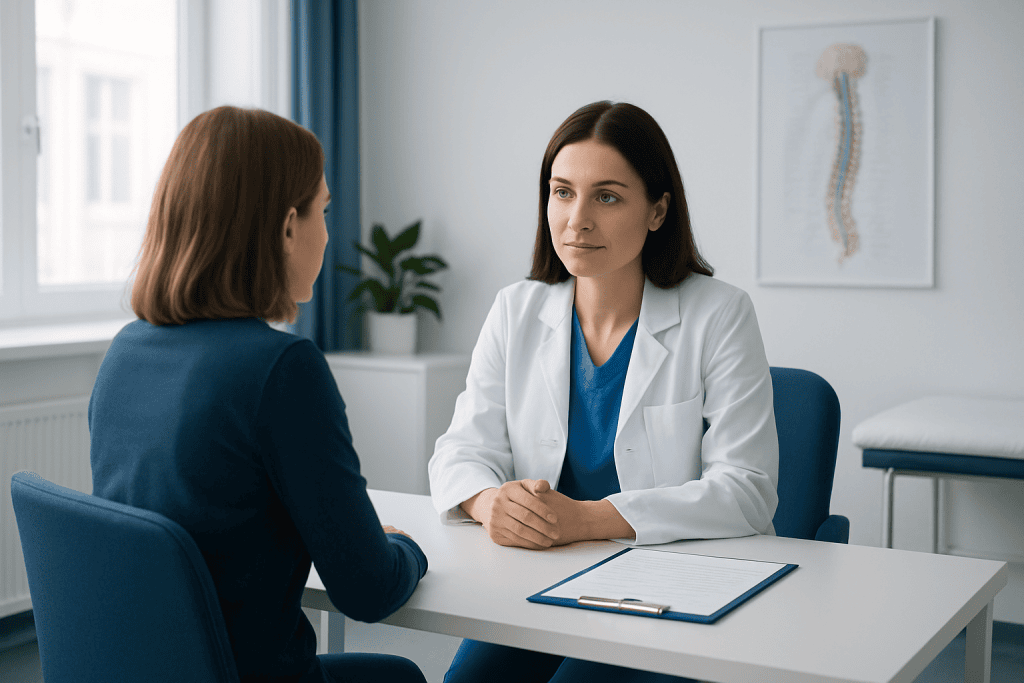 Doctor consulting patient in a medical office with spinal cord diagram.