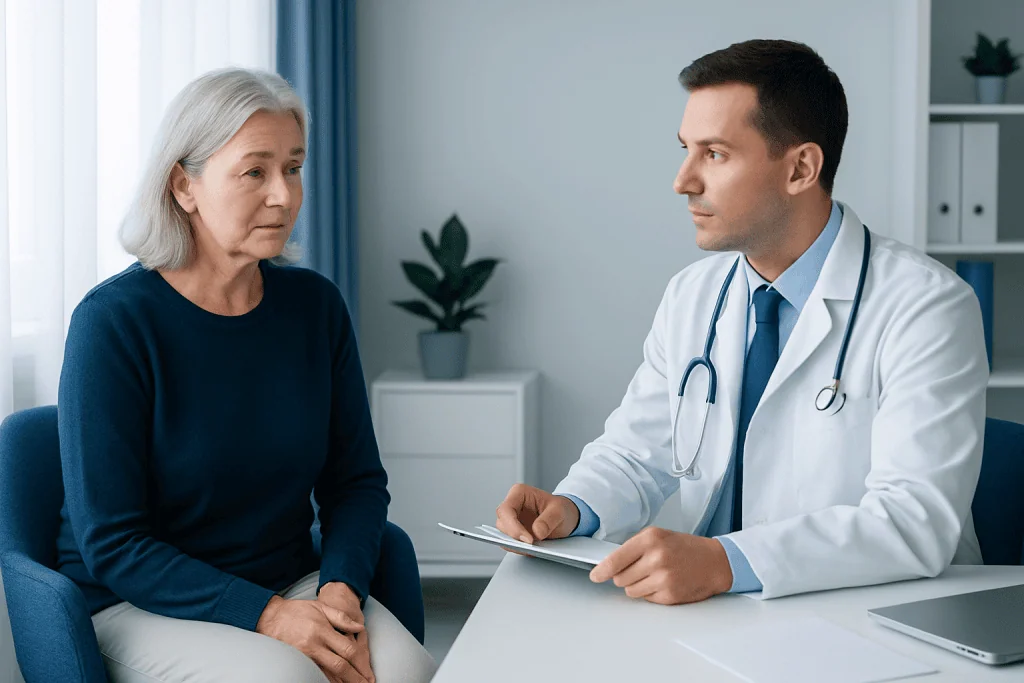 Doctor consulting with an elderly woman about Sjogren's Dry Eye treatment.