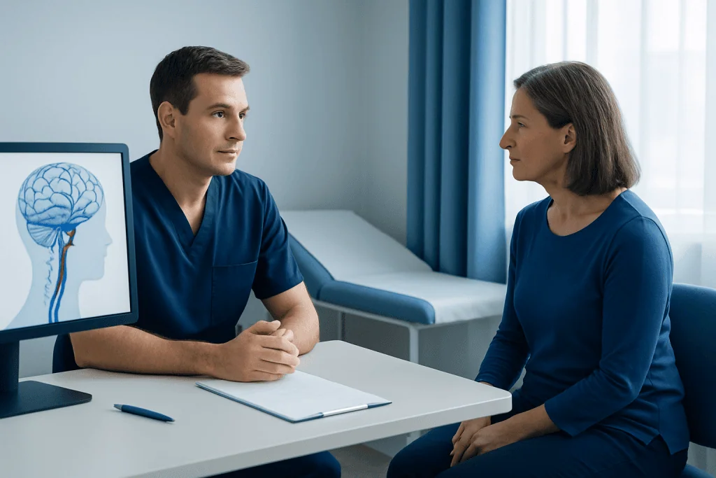 Doctor explaining venous sinus stenosis treatment to a patient in a clinic.