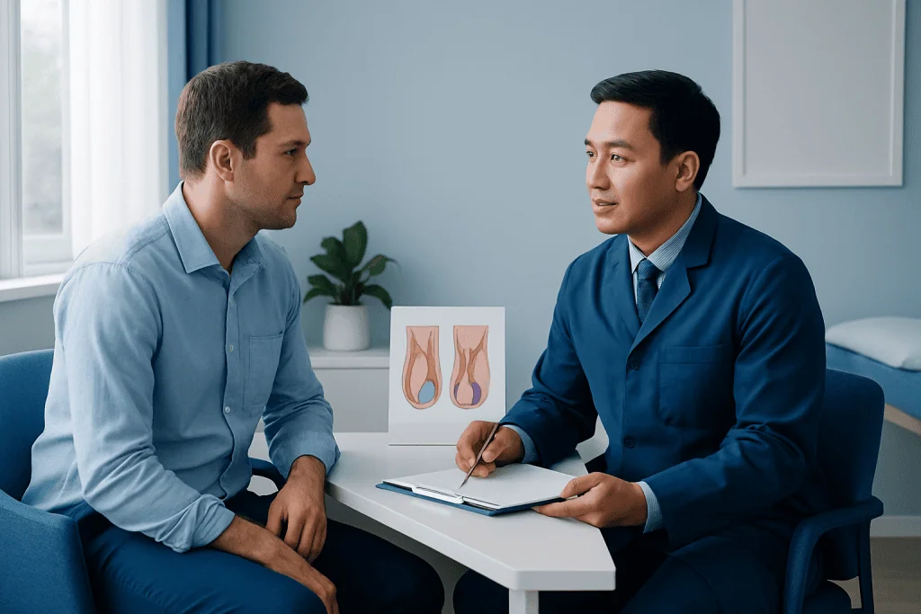Doctor explaining hydrocele treatment options to patient in consultation room.