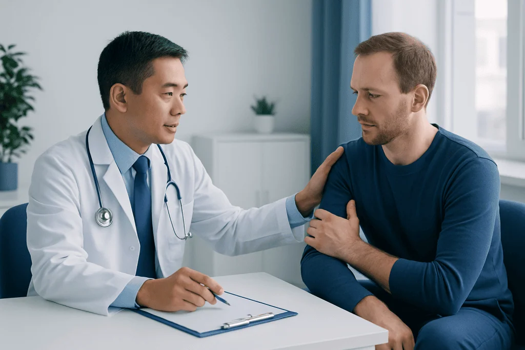 Doctor consulting with patient about shoulder pain and treatment options.