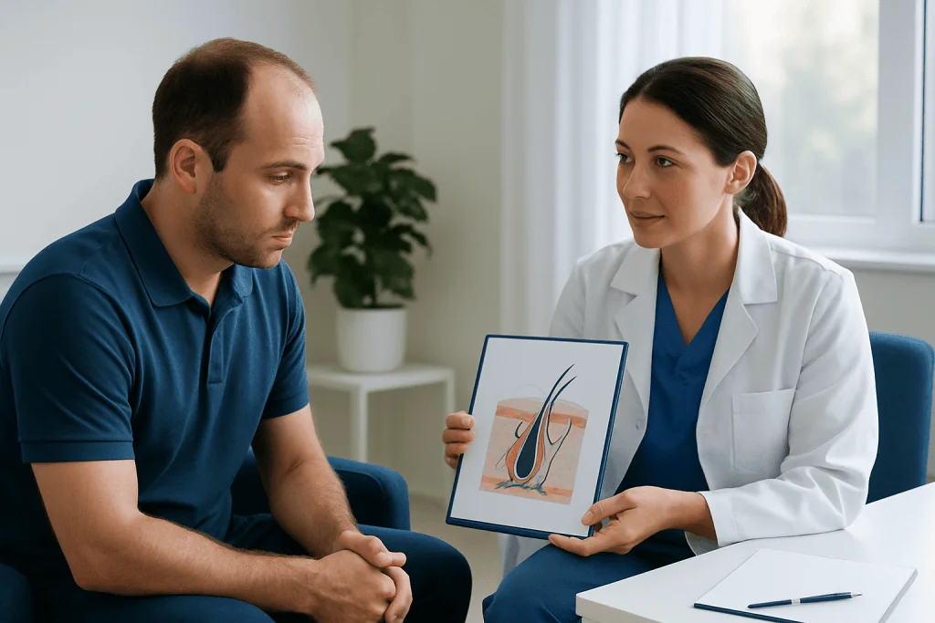 Doctor explains hair restoration options to a patient using a diagram.