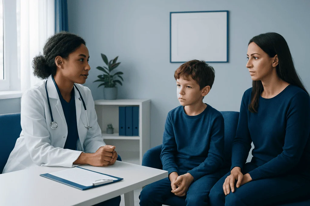 Child with ADHD at a medical consultation with a doctor and mother.