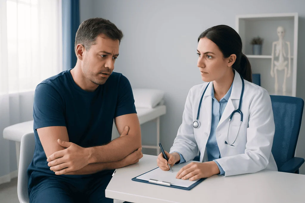 Doctor consulting patient about tricep tendonitis treatment options.