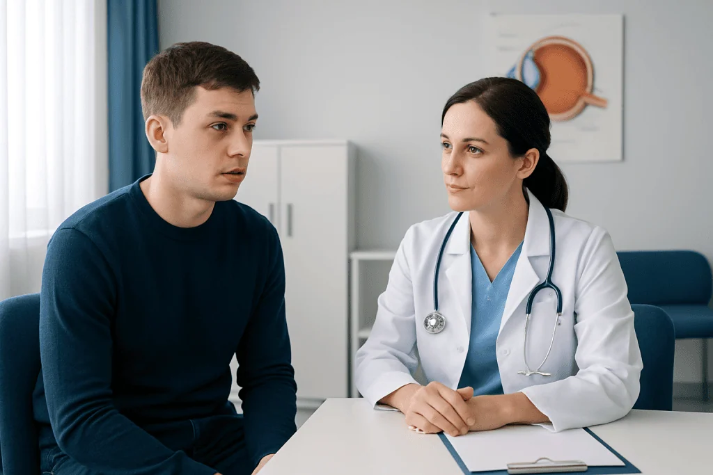Ophthalmologist consulting with a patient about eye health and misalignment.