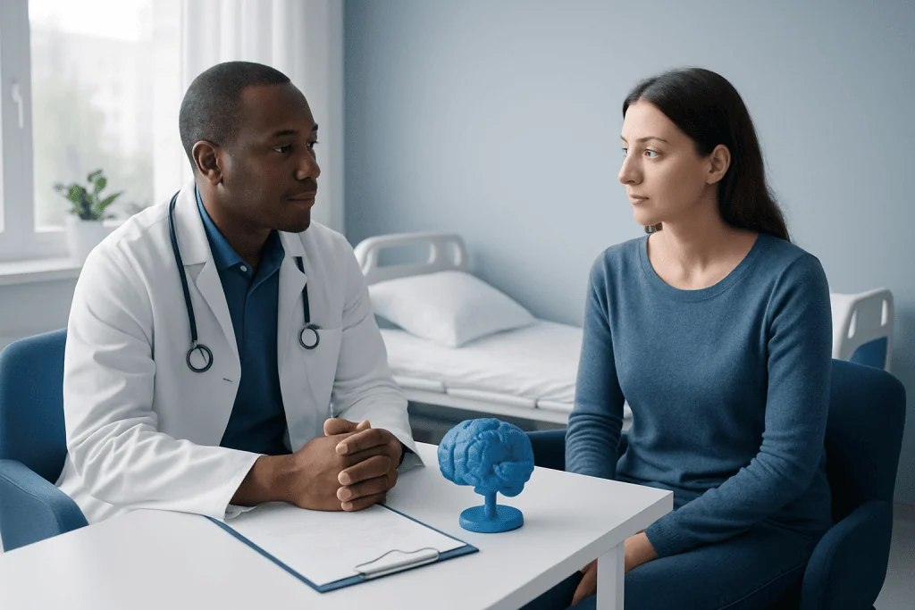 Doctor consulting a patient in a hospital room with a brain model on the table.