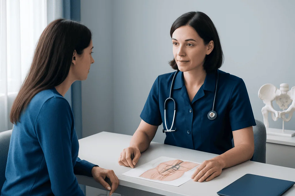 Doctor consulting with patient about pelvic varicose vein treatment options.