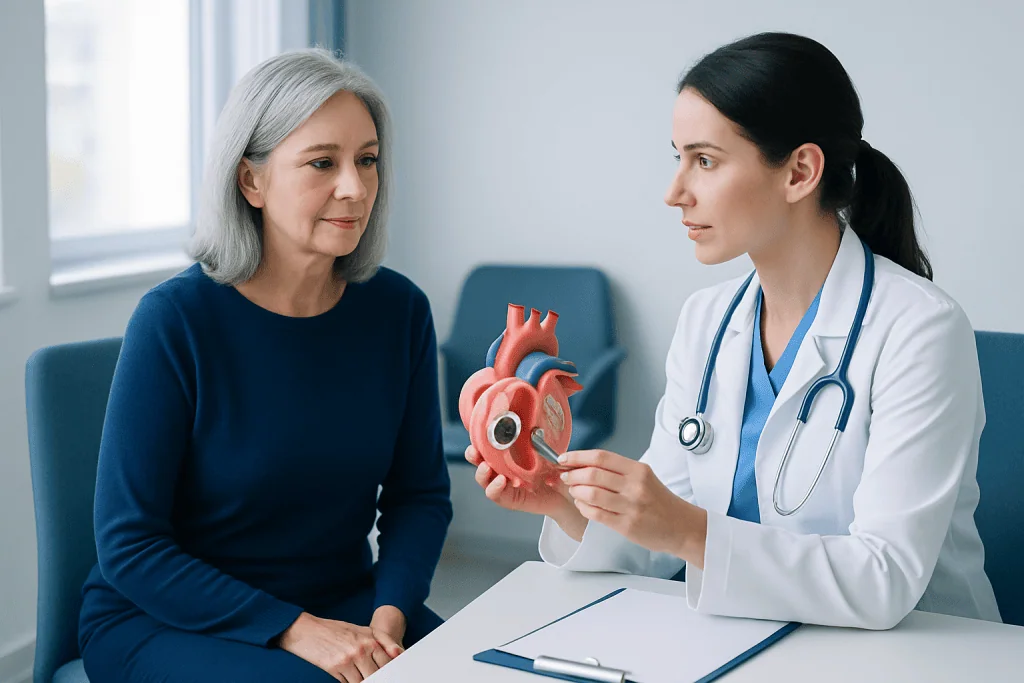 Doctor explaining heart valve to an elderly woman in a medical consultation.