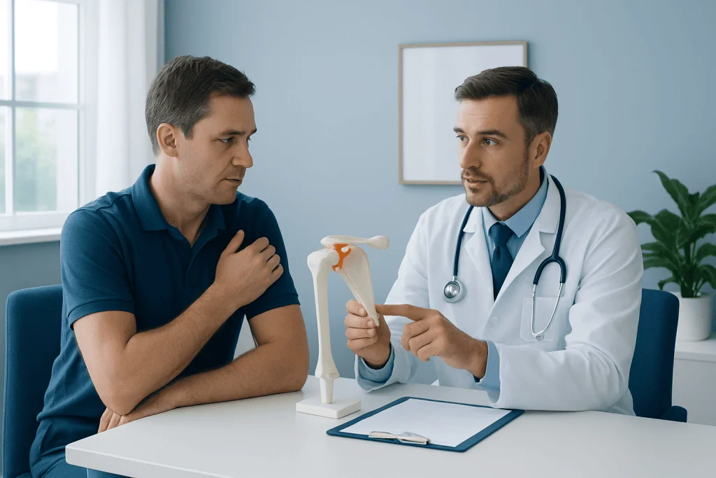 Doctor explaining acromioplasty to patient with shoulder model.