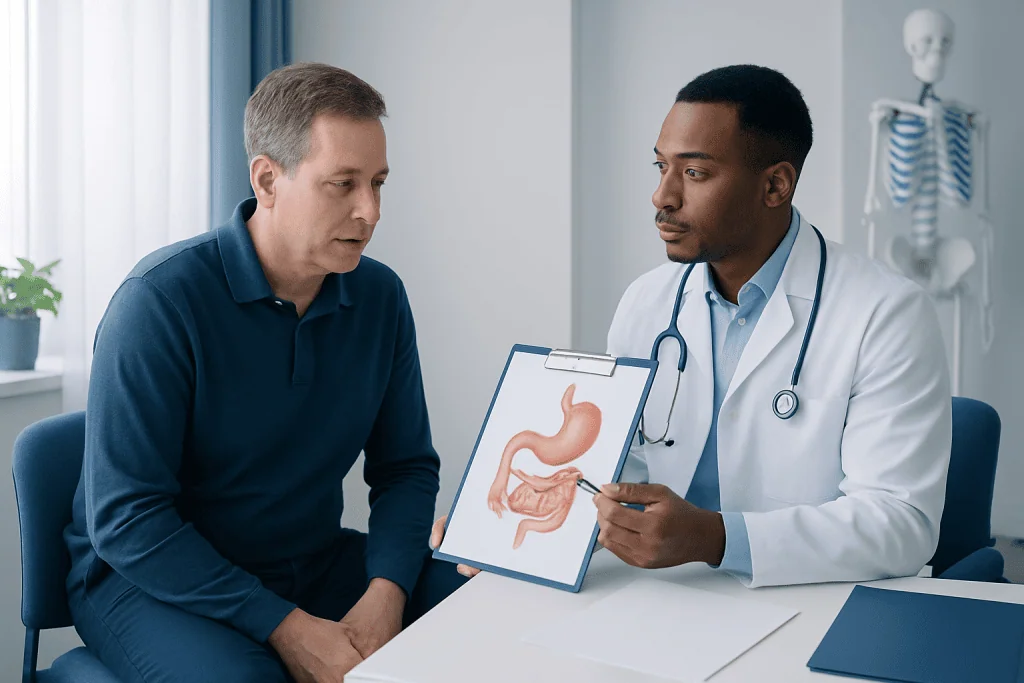 Doctor explaining stomach diagram to patient in a consultation room.
