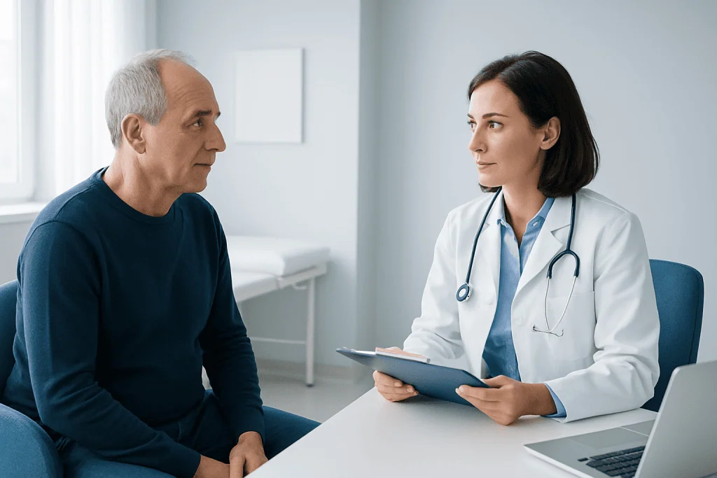Doctor consulting with an elderly male patient in a medical office.