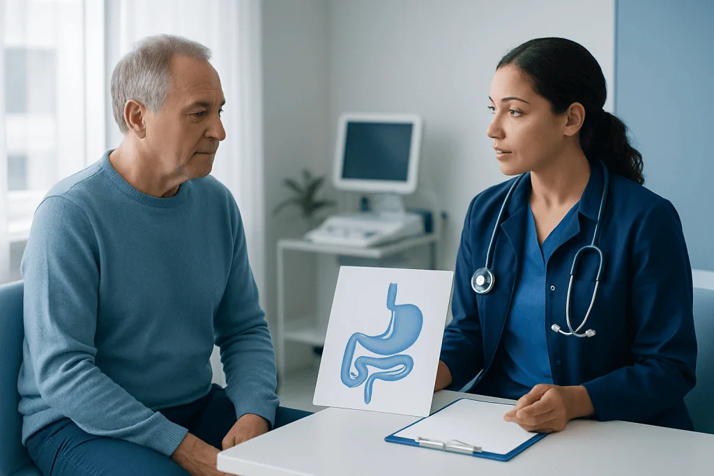 Doctor explaining stomach anatomy to patient in consultation room.