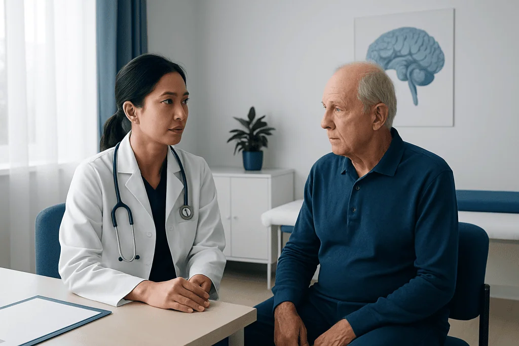 Doctor consulting with an elderly patient in a medical office.