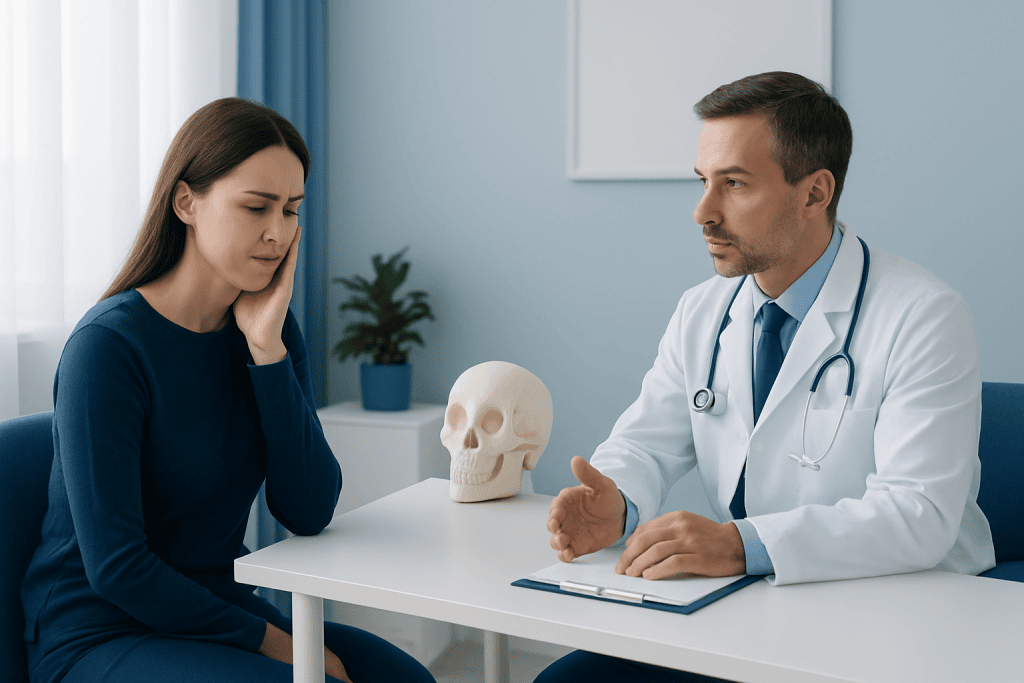 Doctor consulting with a woman about TMJ dysfunction in a medical office.