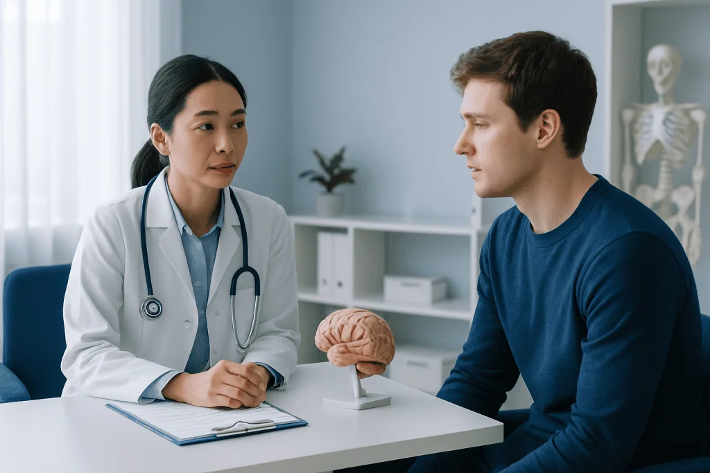 Doctor explaining brain health to a patient in a medical consultation.