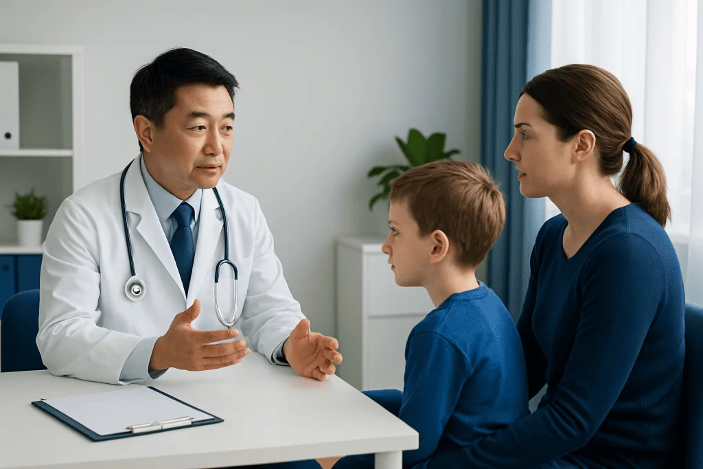 Doctor consulting with a mother and child in a medical office.