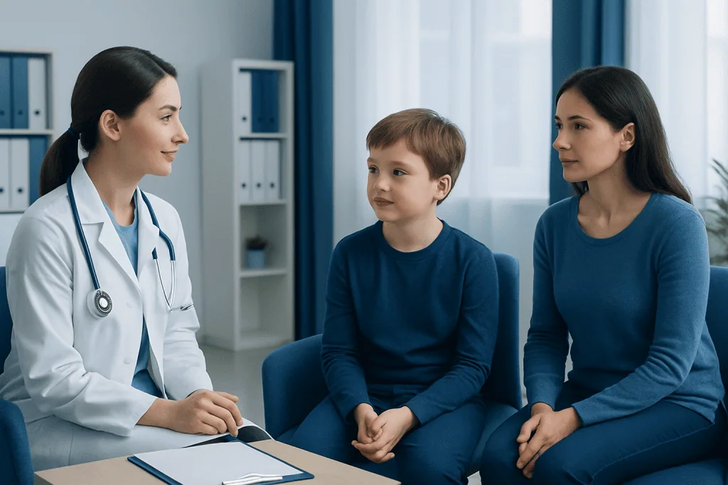 Child and mother consulting a doctor in a medical office.