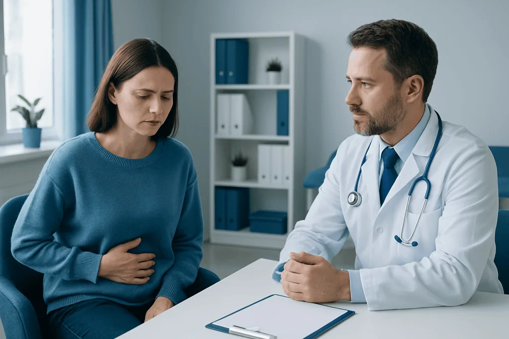 Doctor consulting with a woman patient about nausea symptoms in a clinic.