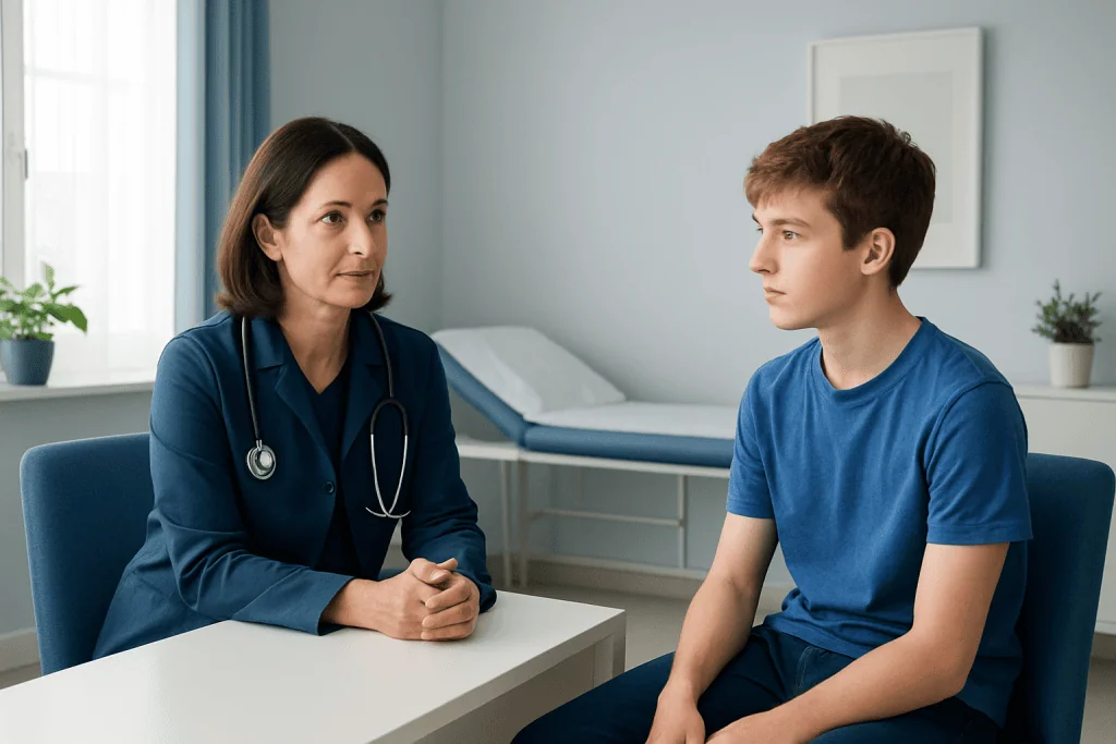 Doctor consulting with a young male patient in a medical office.