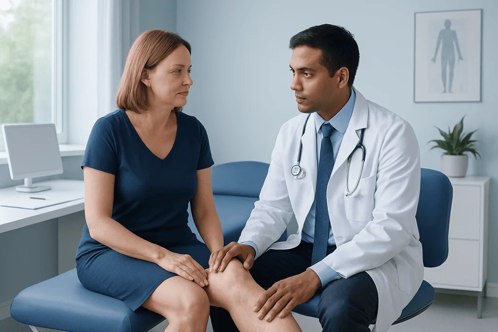 Doctor consulting with a female patient about vein health in a medical office.