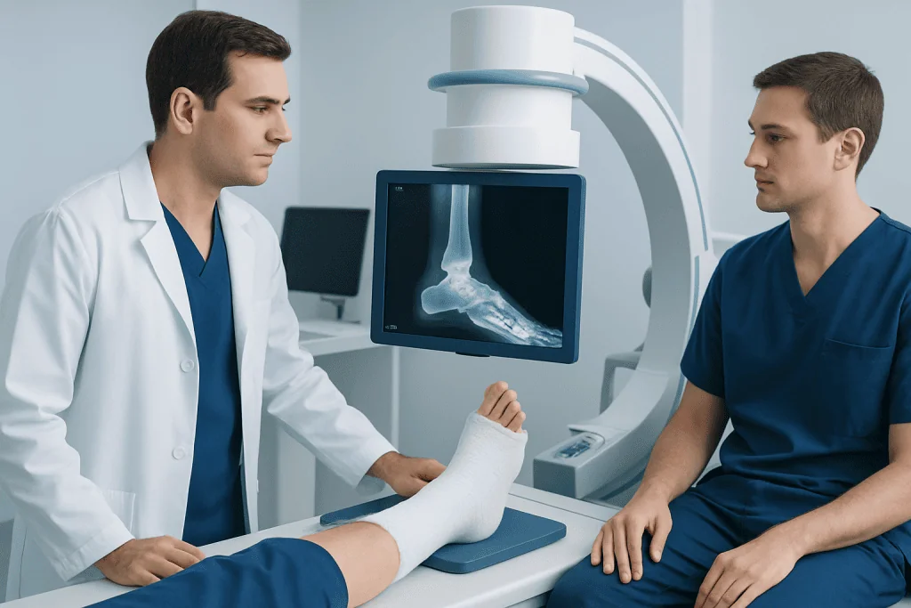 Doctor examining patient's foot X-ray in a medical clinic.