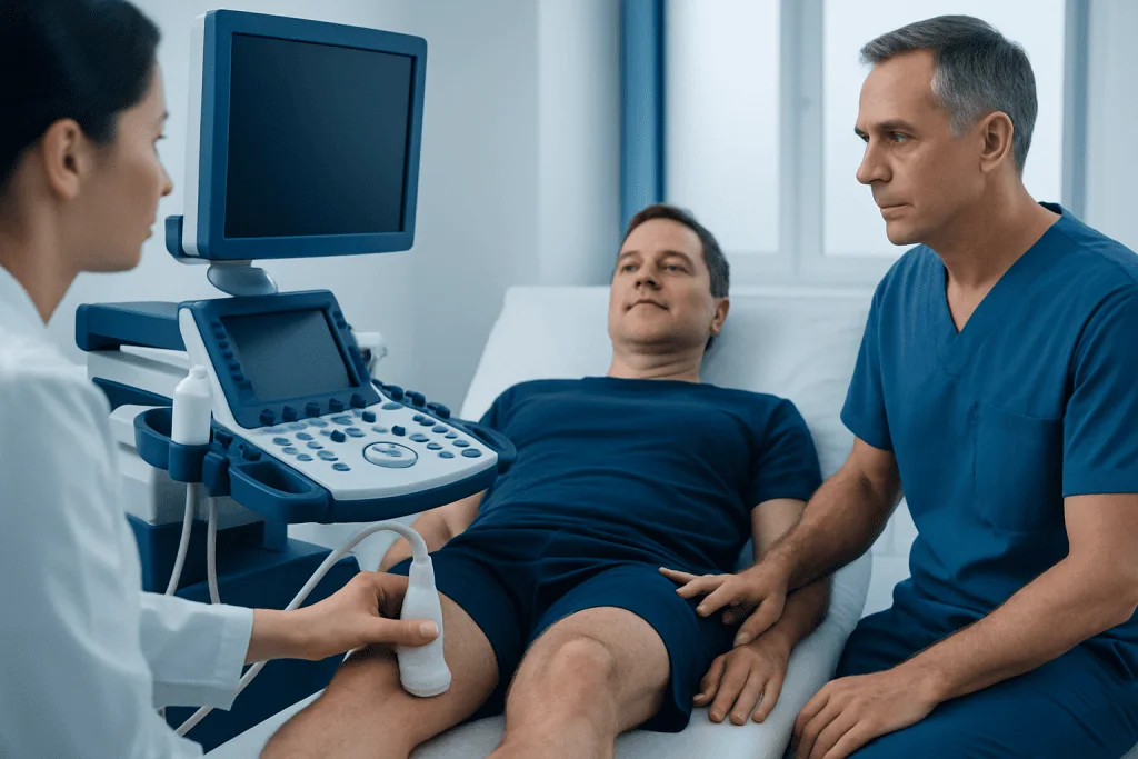 Doctor performing ultrasound on patient with leg injury in hospital.