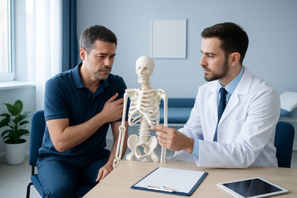 Doctor explaining shoulder anatomy to patient with skeleton model.