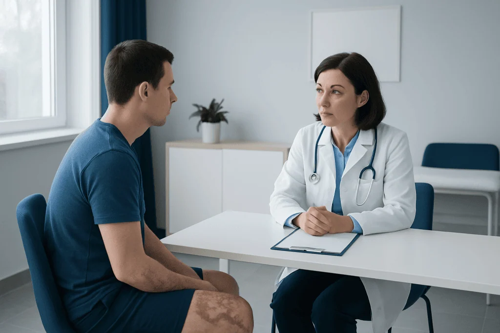 Doctor consulting with a patient in a modern medical office.