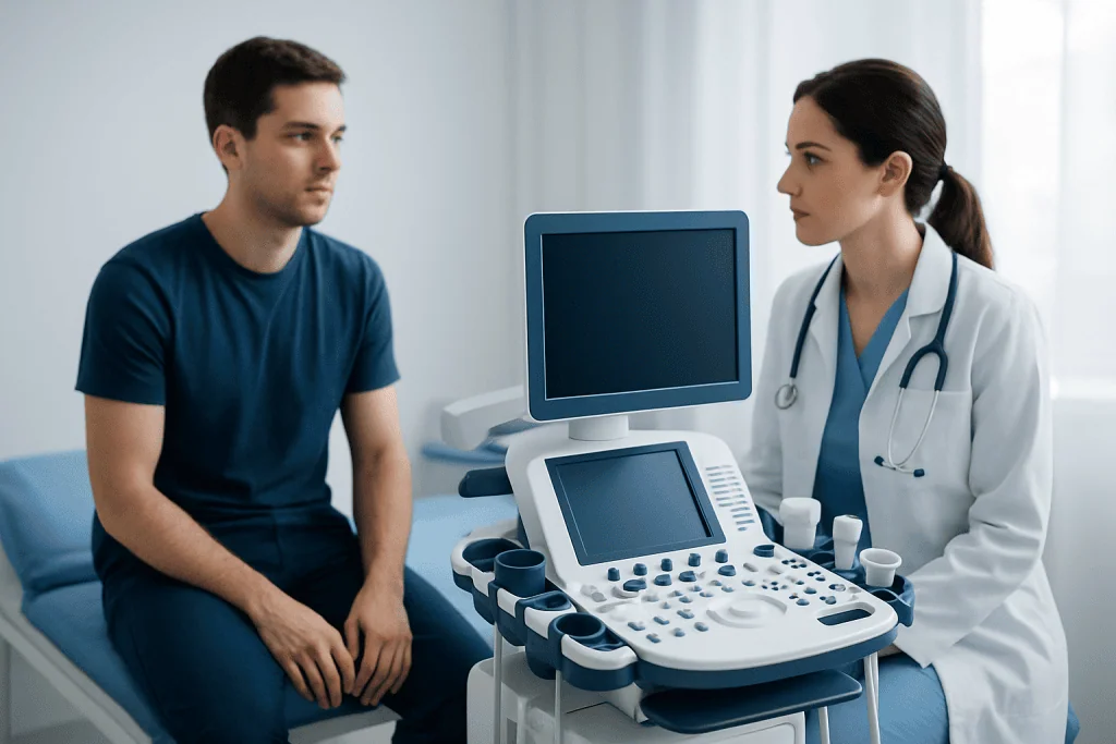 Doctor performing ultrasound examination on male patient in hospital.