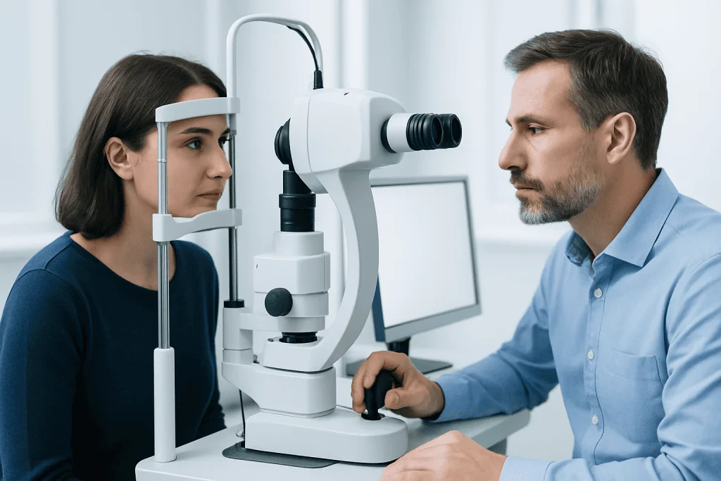 Optometrist performs eye examination using slit lamp microscope.