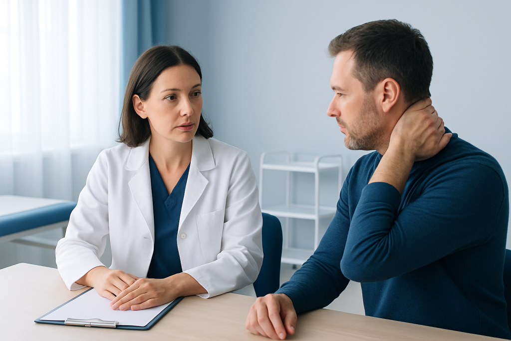 Doctor consulting with patient about neck pain and nerve issues.