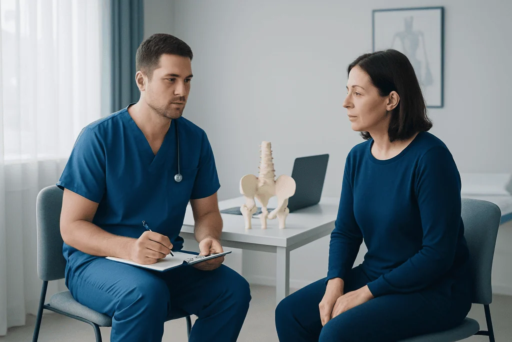 Doctor consulting with a patient about hip injury in a medical office.