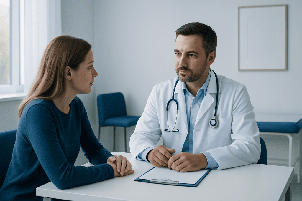 Doctor consulting with a young female patient in a modern clinic setting.
