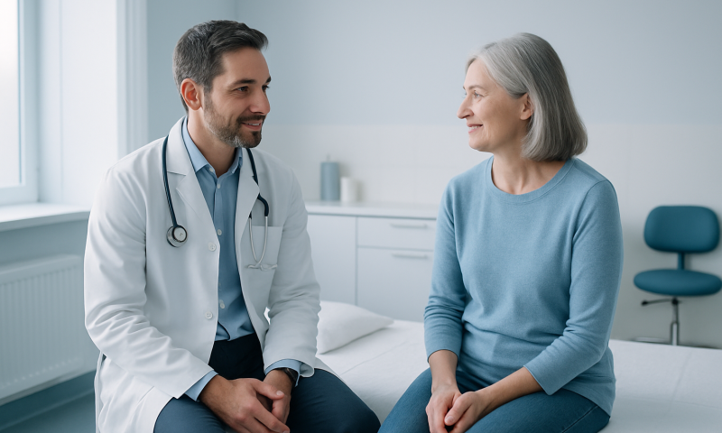 Doctor consulting with an elderly female patient in a medical office.