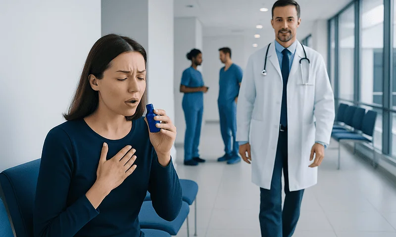 Woman experiencing asthma attack in hospital waiting area with doctor nearby.