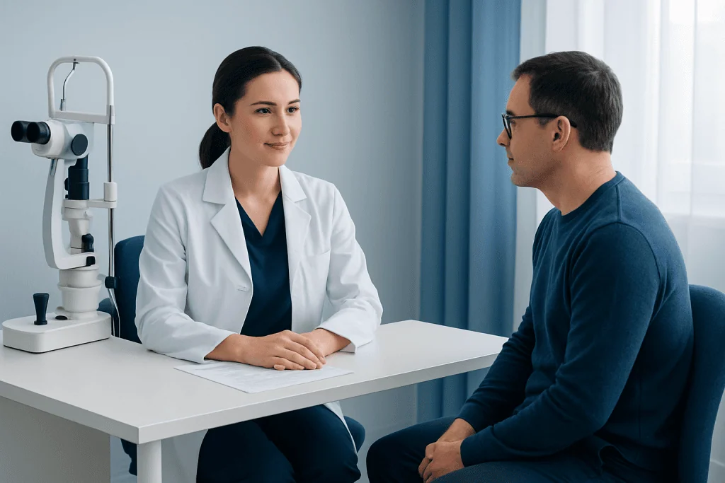 Ophthalmologist consulting patient about eye health and treatment options.