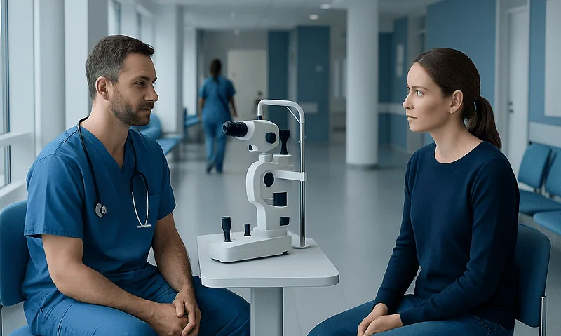 Ophthalmologist consulting patient in hospital corridor with slit lamp.