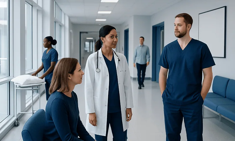 Medical team discussing patient care in hospital corridor.