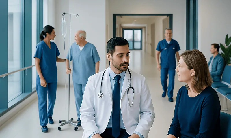 Medical consultation in a hospital corridor with healthcare professionals and patients.