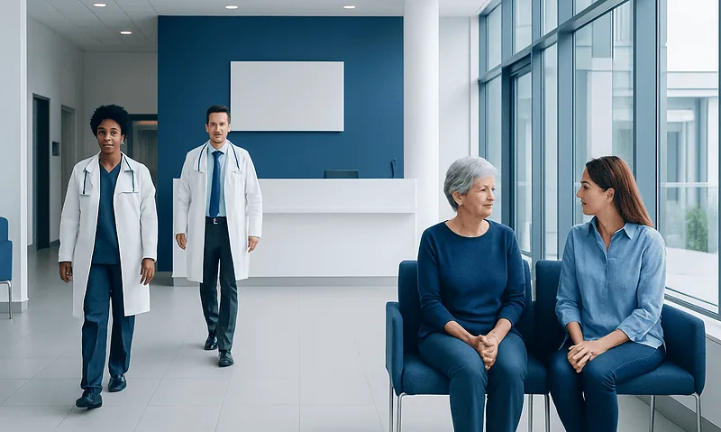Healthcare professionals and patient in a modern hospital waiting area.